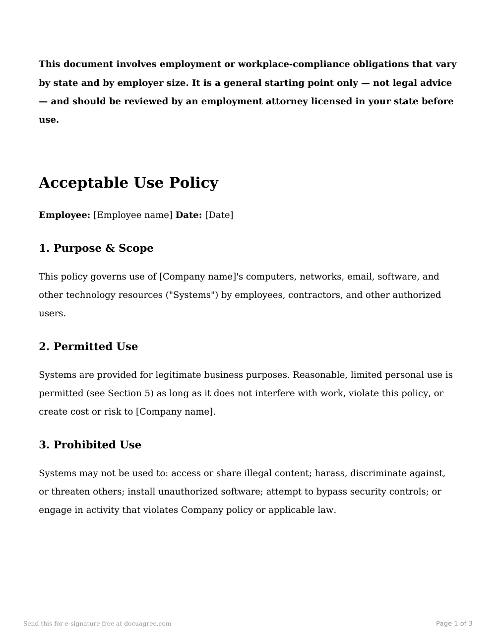 Preview of the first page of the Acceptable use policy (IT/technology) template