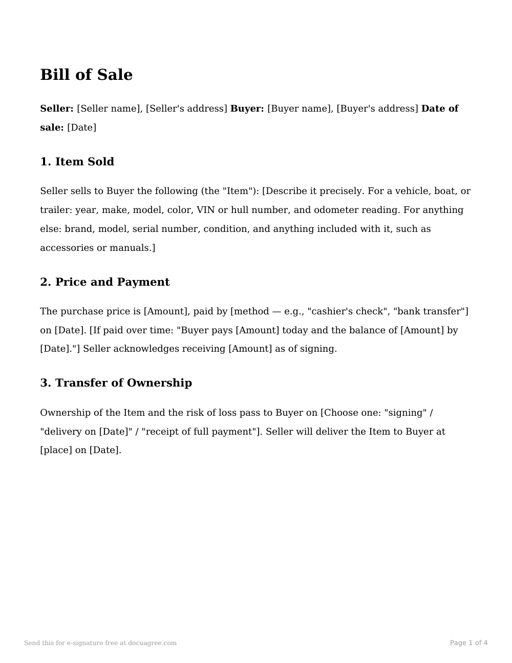 Preview of the first page of the Bill of sale template