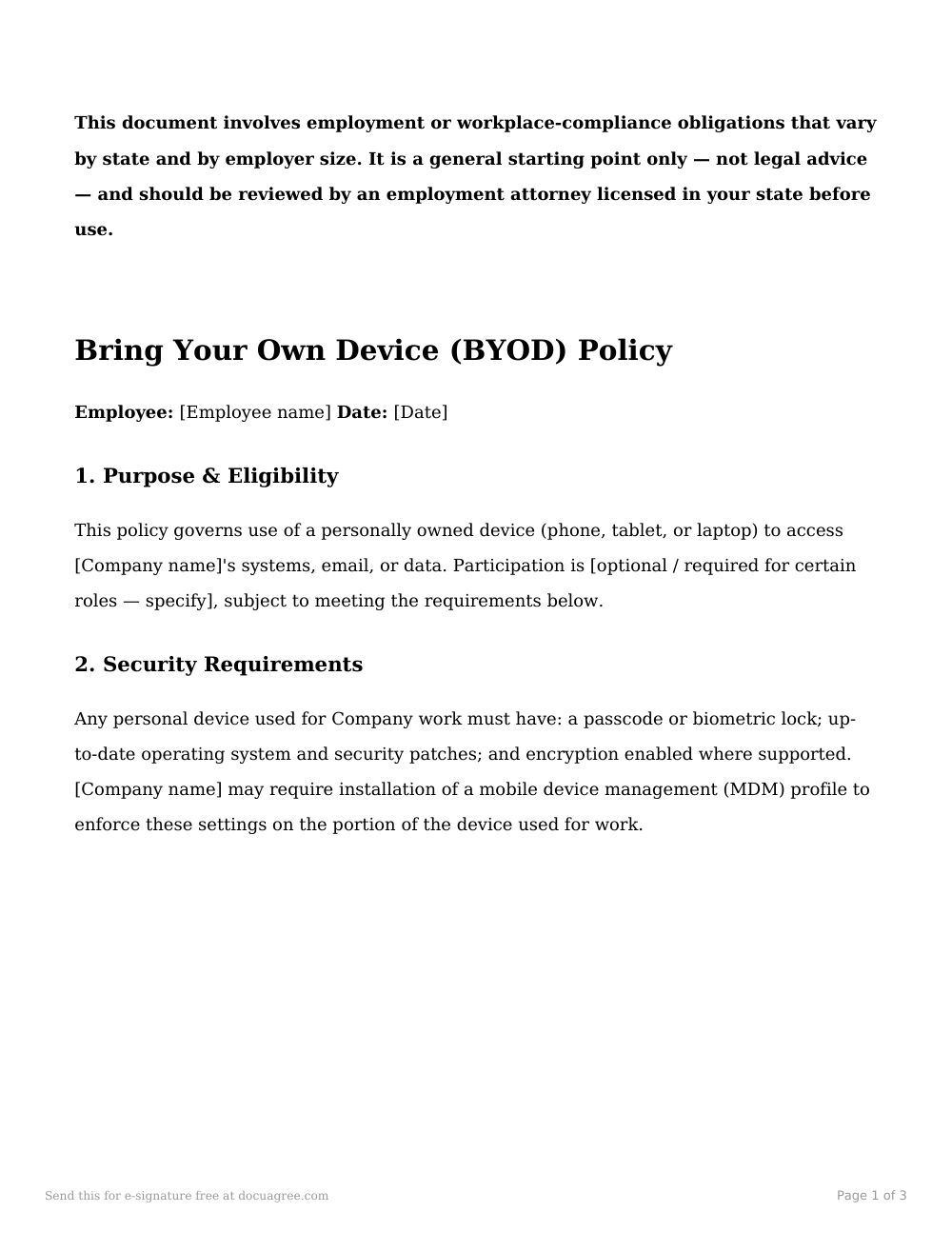 Preview of the first page of the BYOD (bring your own device) policy template