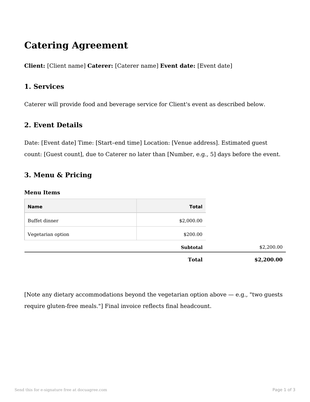 Preview of the first page of the Catering agreement template