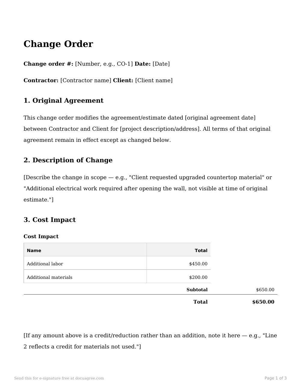 Preview of the first page of the Change order template