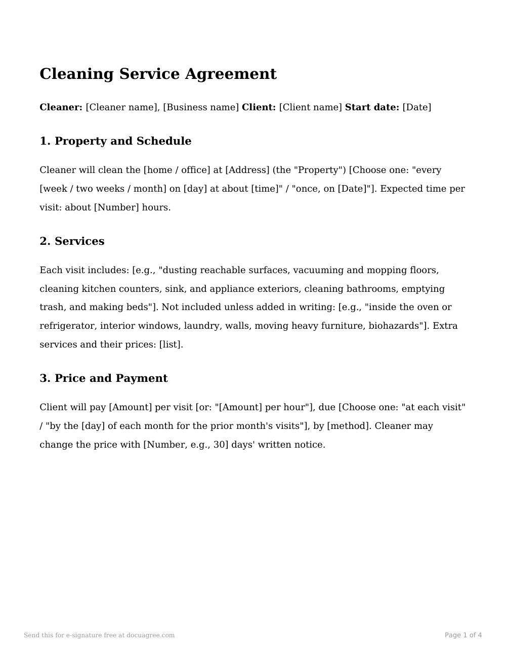 Preview of the first page of the Cleaning service agreement template