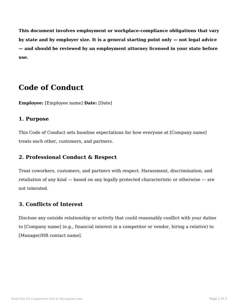 Preview of the first page of the Code of conduct acknowledgment template