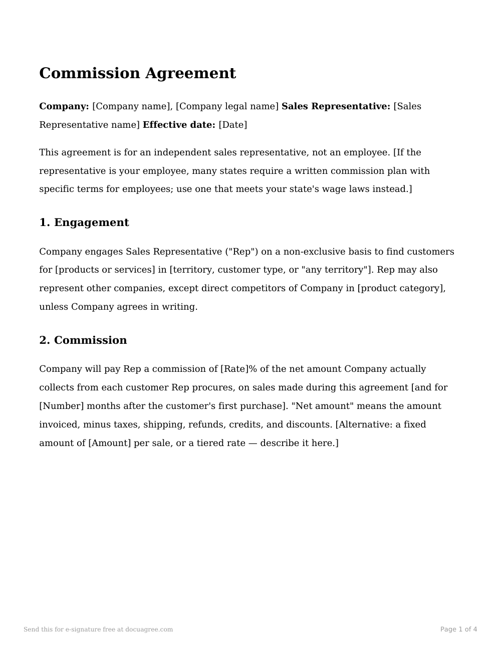 Preview of the first page of the Commission agreement template