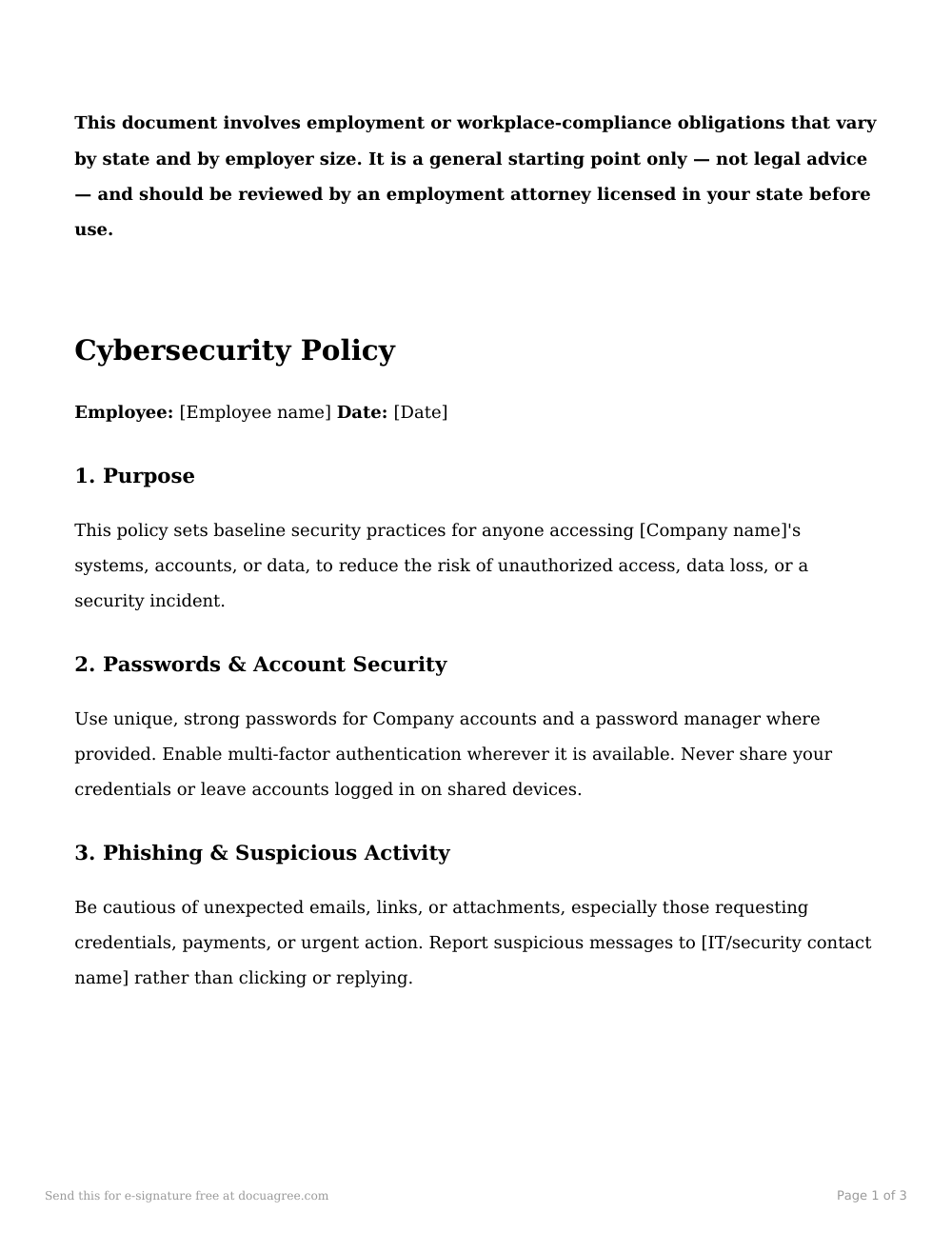 Preview of the first page of the Cybersecurity policy acknowledgment template