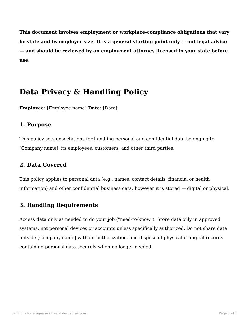 Preview of the first page of the Data privacy / handling policy acknowledgment template