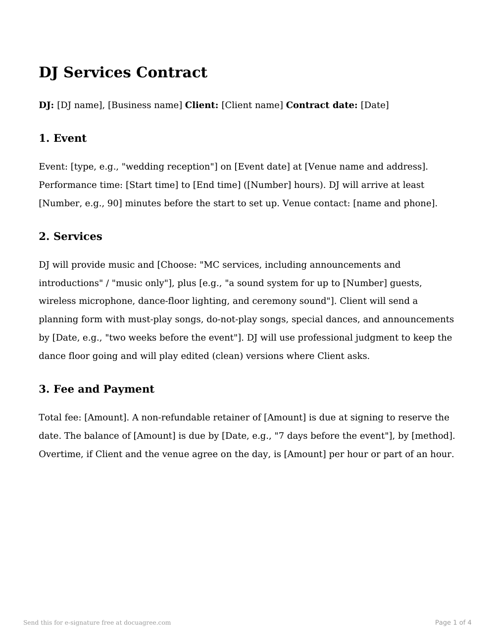 Preview of the first page of the DJ contract template