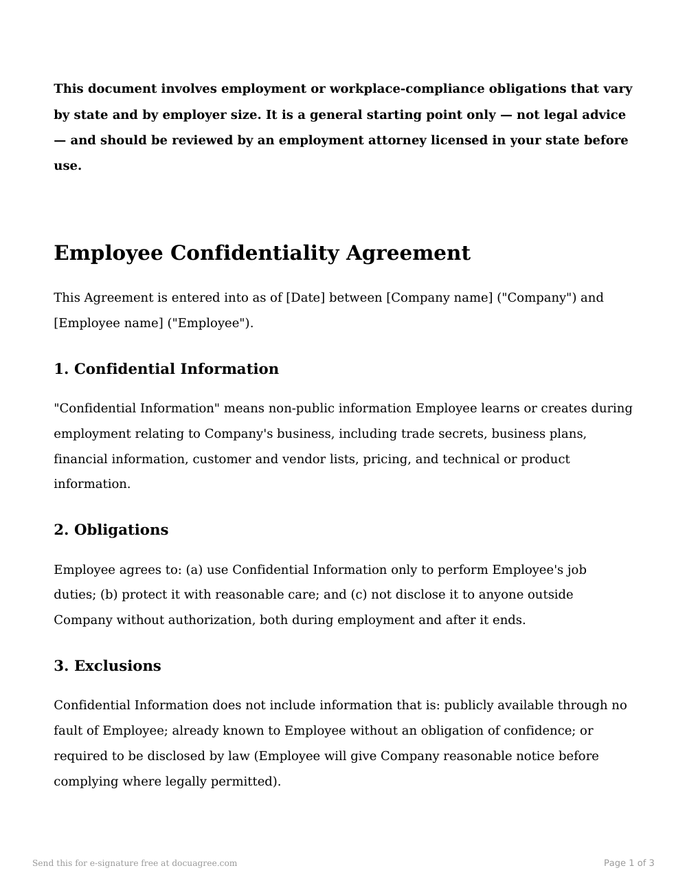Preview of the first page of the Employee confidentiality agreement template