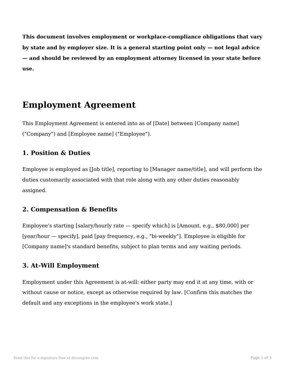 Preview of the first page of the Employment agreement template