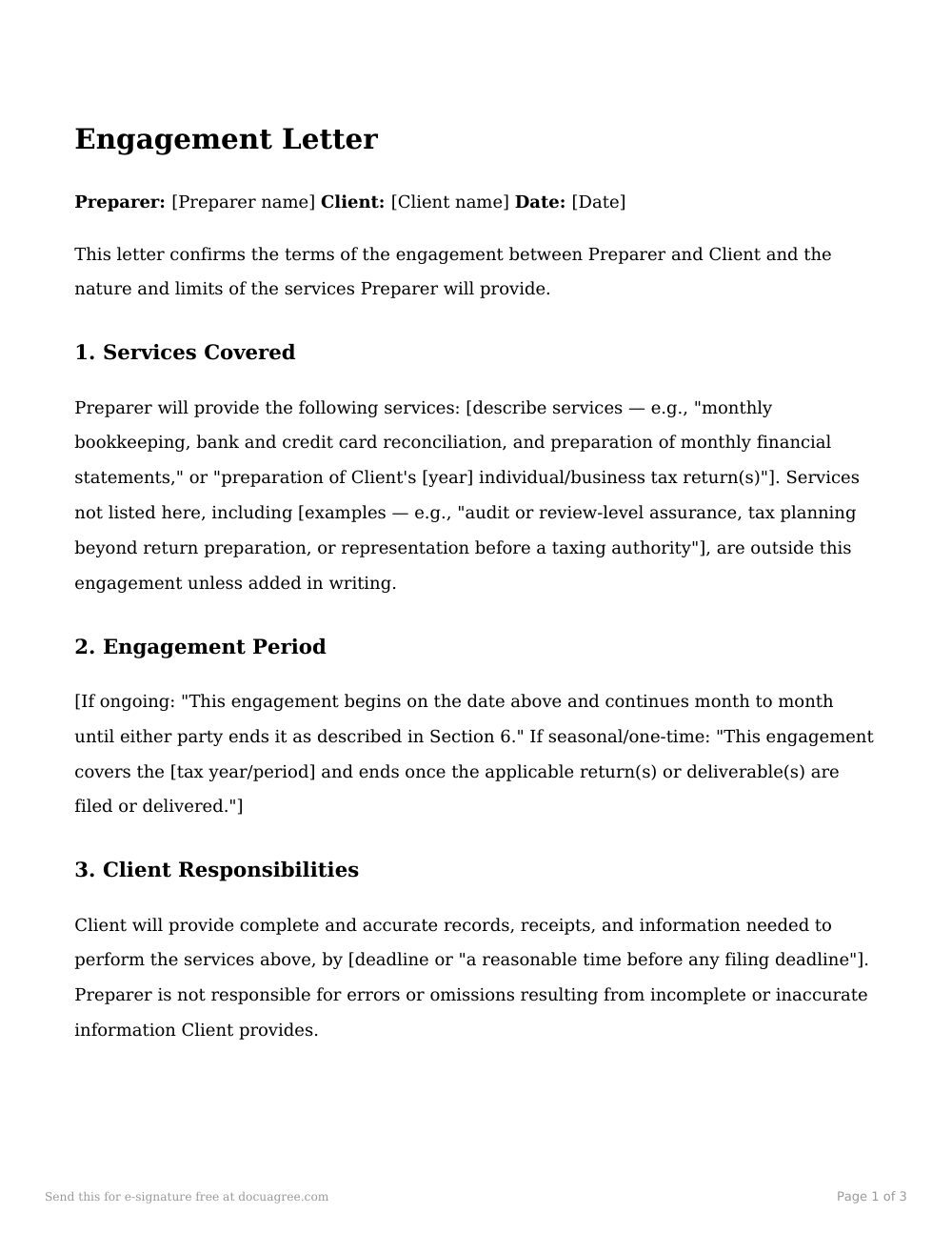 Preview of the first page of the Engagement letter (bookkeeping / tax preparation) template