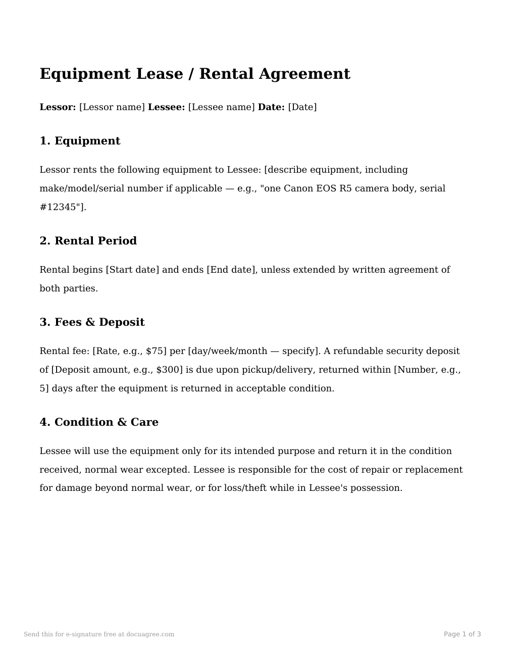 Preview of the first page of the Equipment lease / rental agreement template