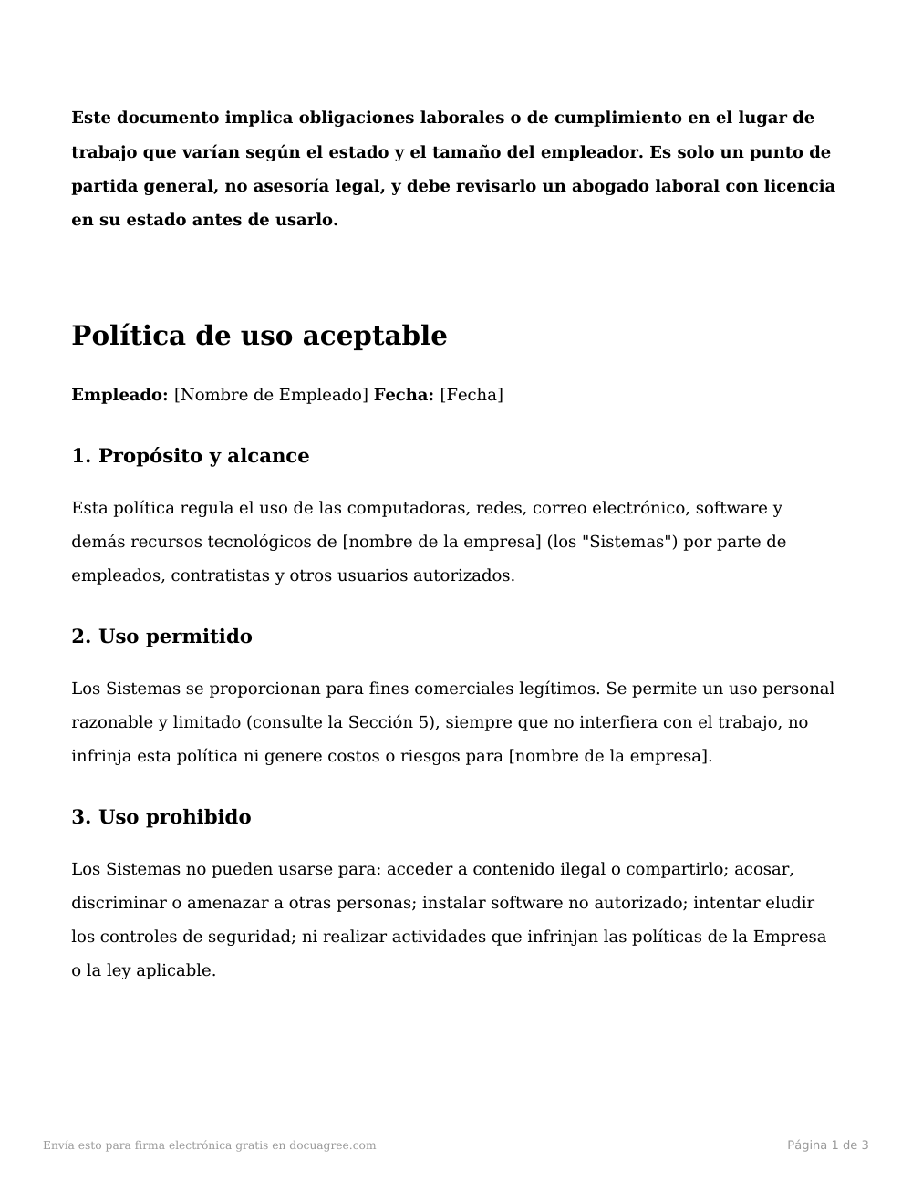 Vista previa de la primera página de la plantilla Política de uso aceptable (TI/tecnología)