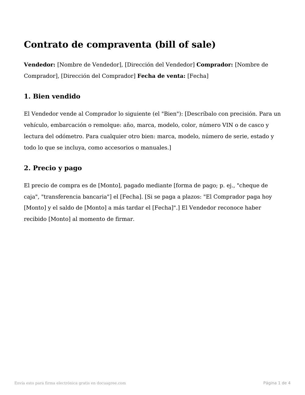 Vista previa de la primera página de la plantilla Contrato de compraventa (bill of sale)