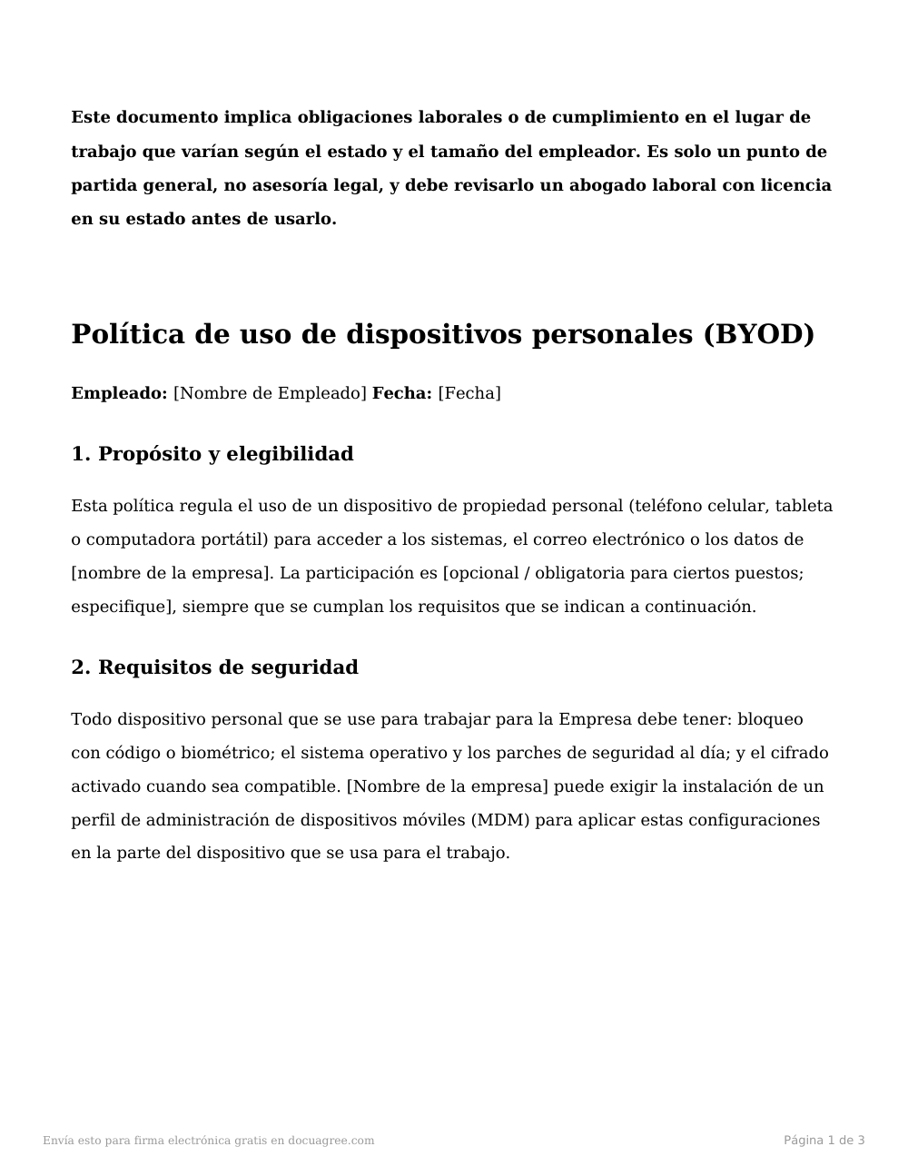 Vista previa de la primera página de la plantilla Política BYOD (uso de dispositivos personales)