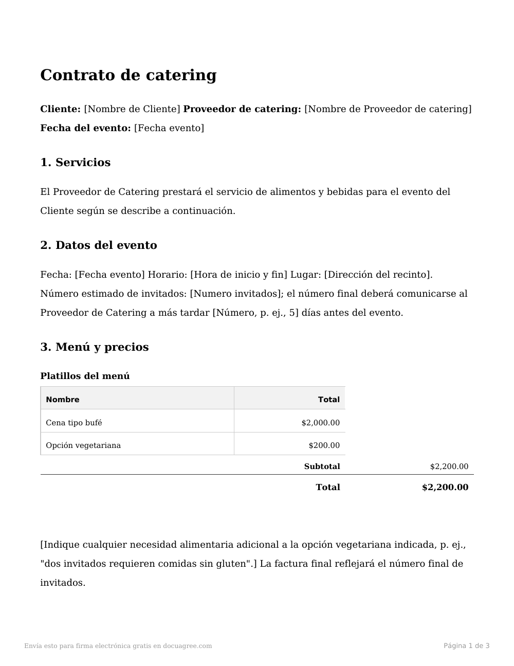 Vista previa de la primera página de la plantilla Contrato de catering