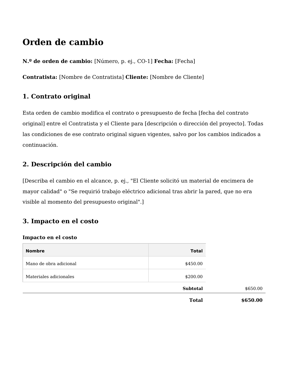 Vista previa de la primera página de la plantilla Orden de cambio