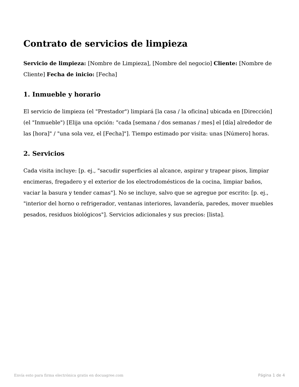 Vista previa de la primera página de la plantilla Contrato de servicios de limpieza