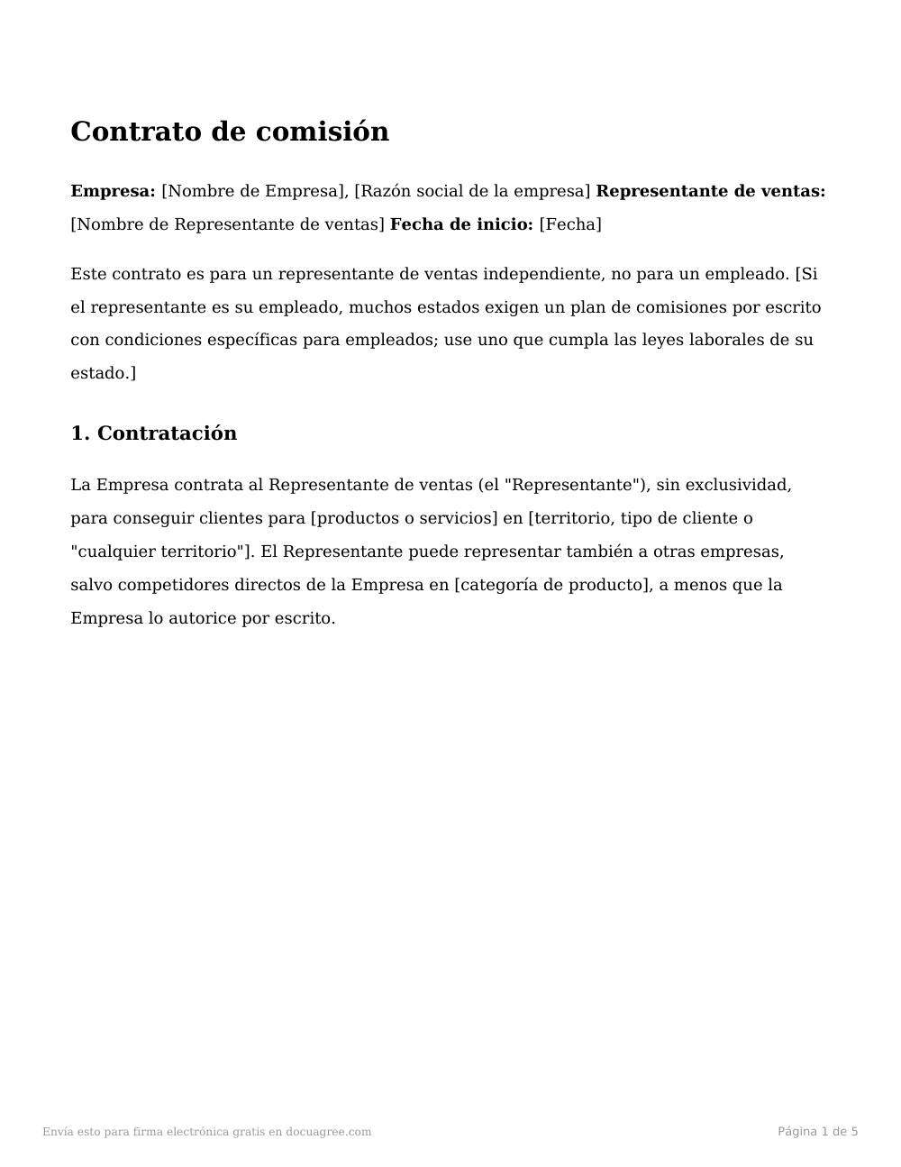 Vista previa de la primera página de la plantilla Contrato de comisión