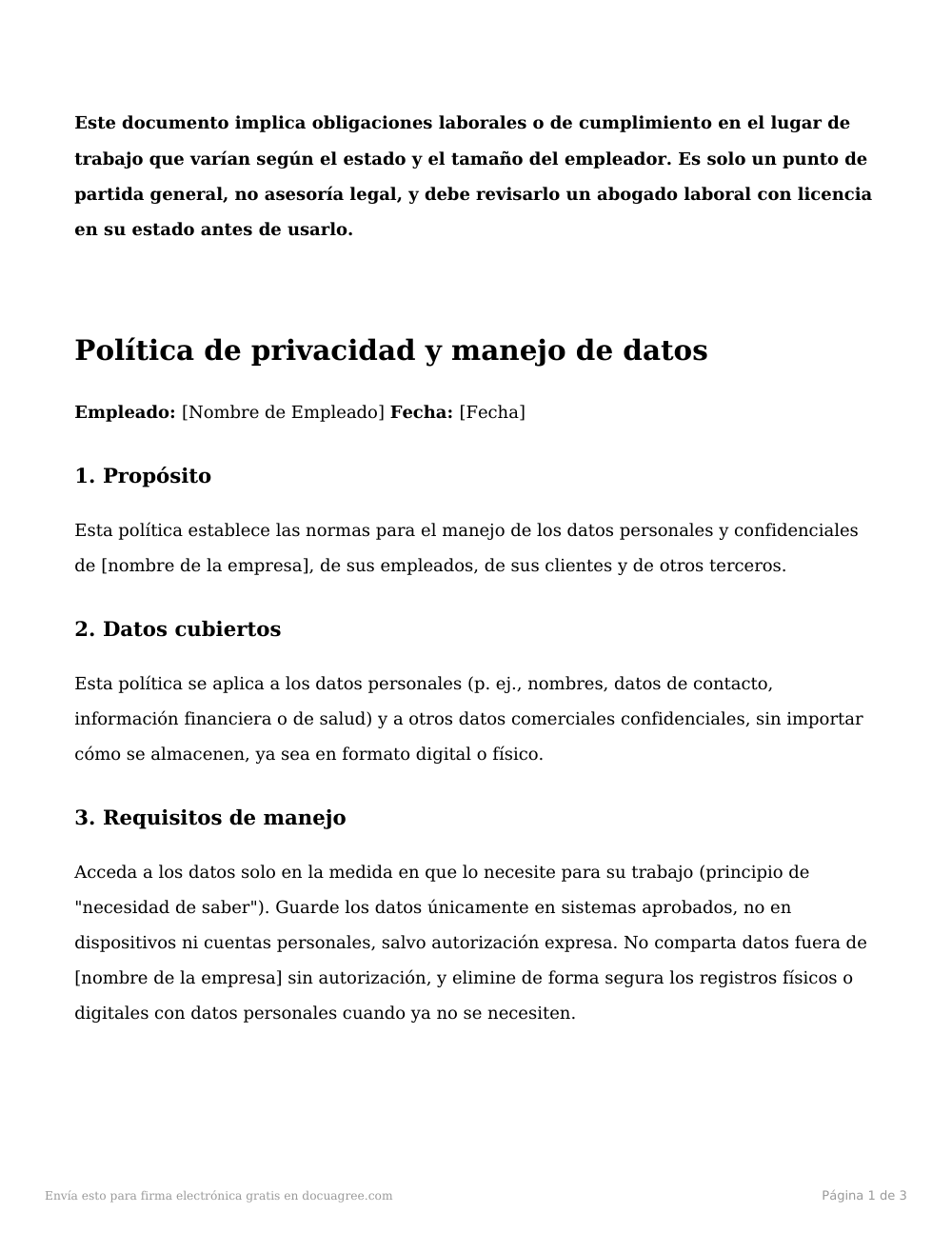 Vista previa de la primera página de la plantilla Acuse de recibo de la política de privacidad y manejo de datos