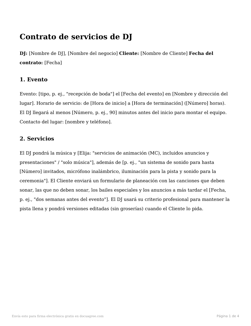 Vista previa de la primera página de la plantilla Contrato de DJ