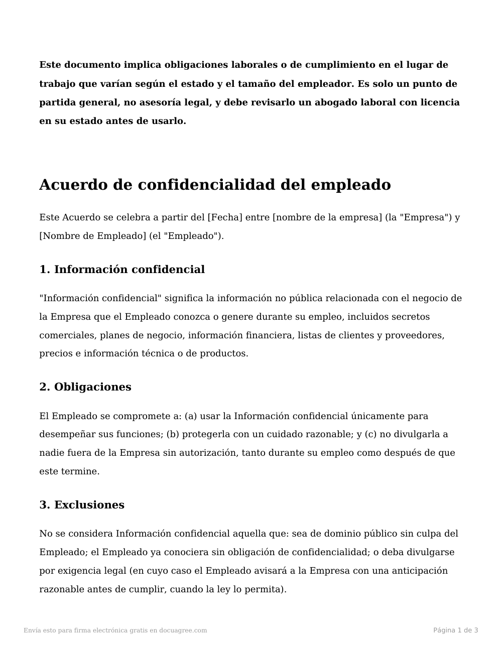 Vista previa de la primera página de la plantilla Acuerdo de confidencialidad del empleado