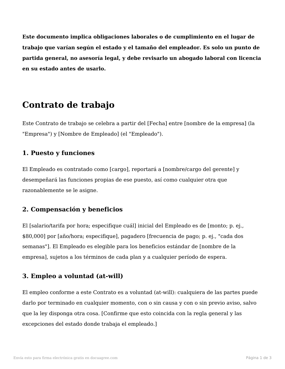 Vista previa de la primera página de la plantilla Contrato de trabajo