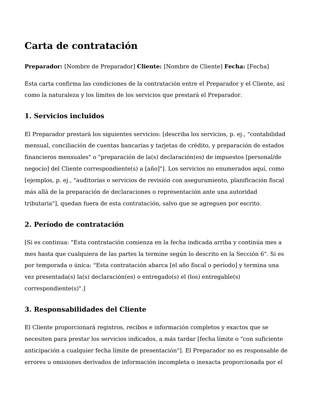 Vista previa de la primera página de la plantilla Carta de contratación (contabilidad / preparación de impuestos)