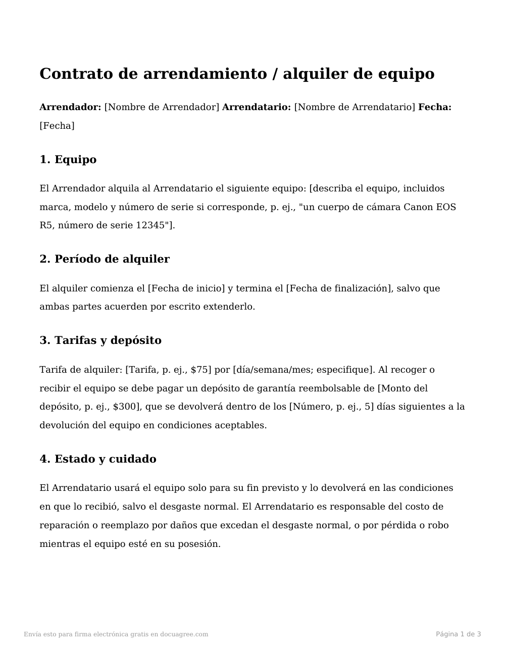 Vista previa de la primera página de la plantilla Contrato de arrendamiento / alquiler de equipo