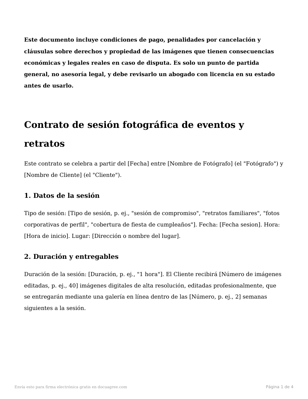 Vista previa de la primera página de la plantilla Contrato de sesión fotográfica de eventos y retratos