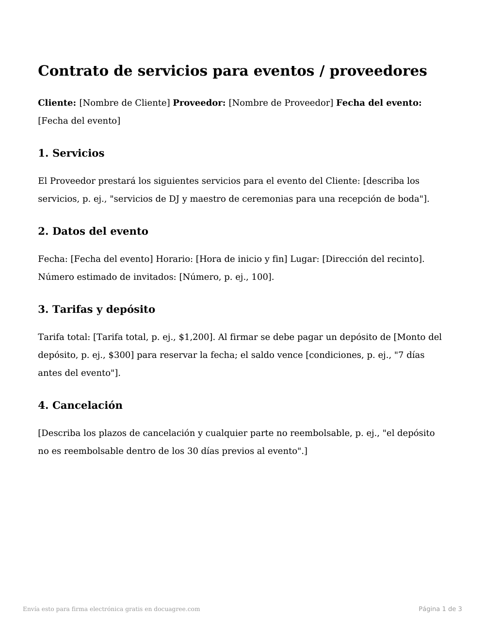 Vista previa de la primera página de la plantilla Contrato de servicios para eventos / proveedores