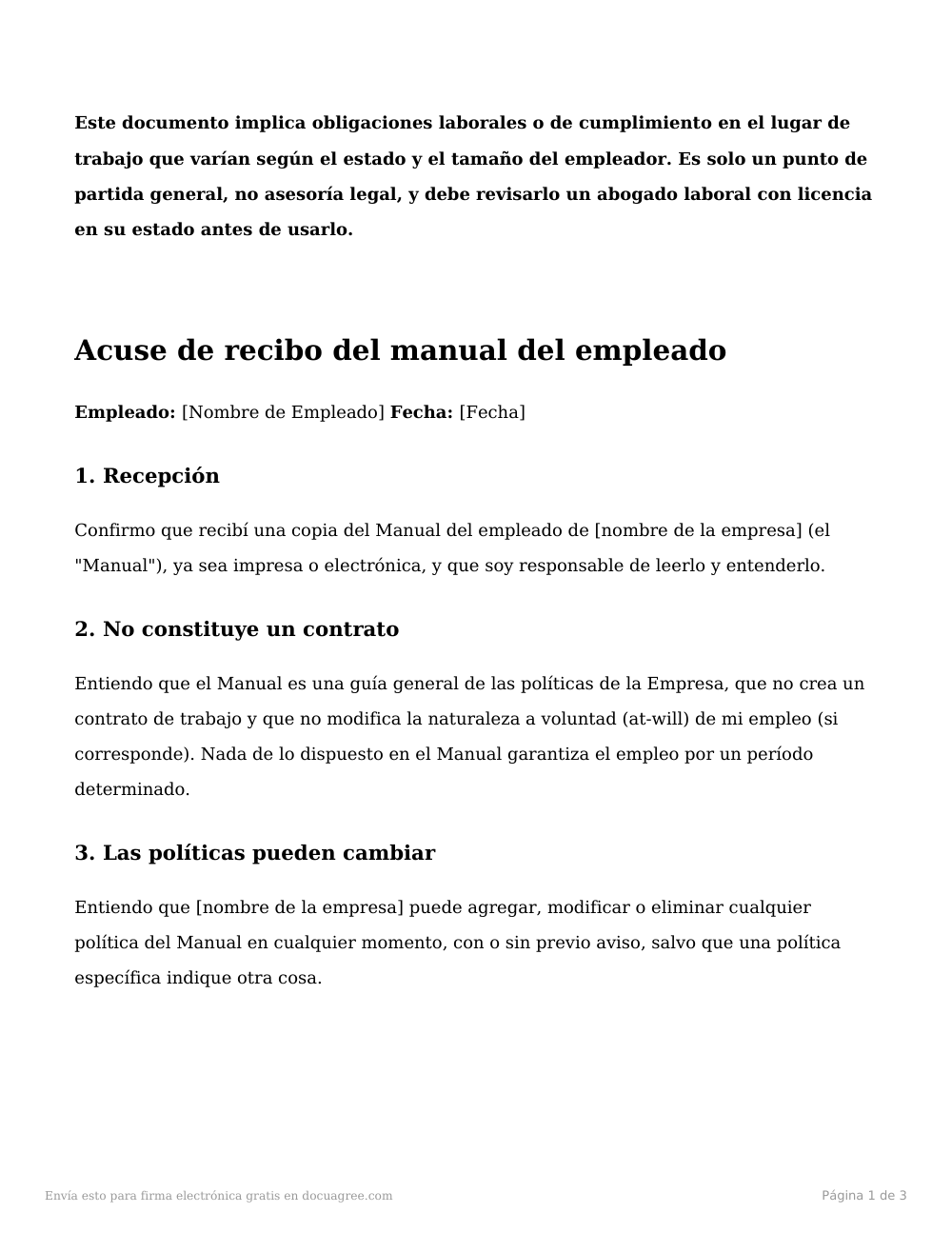 Vista previa de la primera página de la plantilla Acuse de recibo del manual del empleado