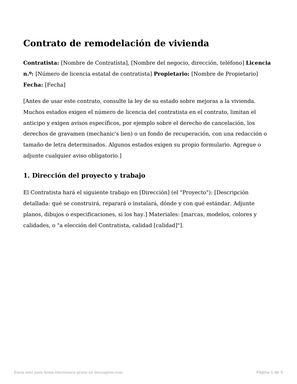 Vista previa de la primera página de la plantilla Contrato de remodelación de vivienda