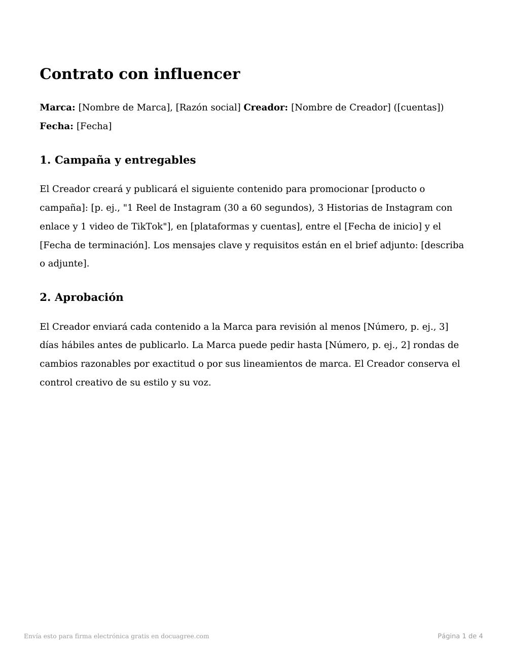 Vista previa de la primera página de la plantilla Contrato con influencer