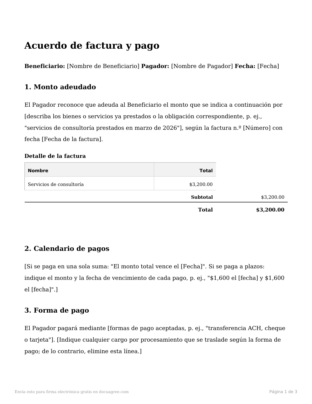 Vista previa de la primera página de la plantilla Acuerdo de factura y pago