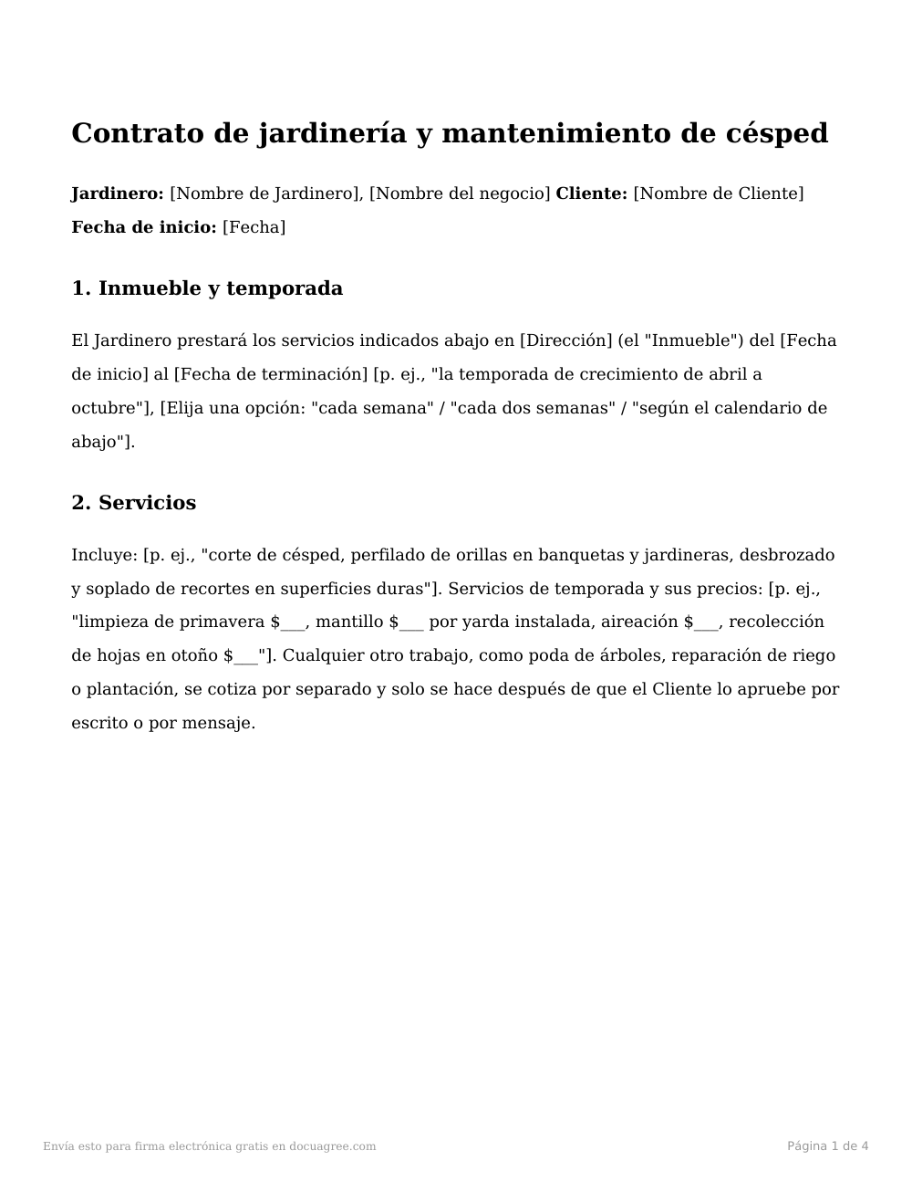 Vista previa de la primera página de la plantilla Contrato de jardinería y mantenimiento de césped