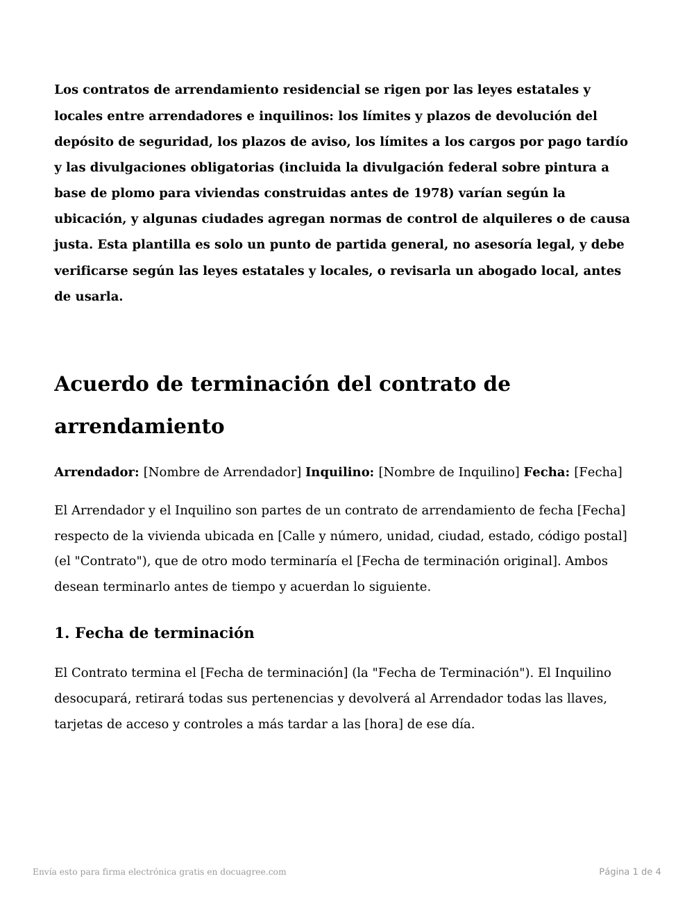 Vista previa de la primera página de la plantilla Acuerdo de terminación del contrato de arrendamiento
