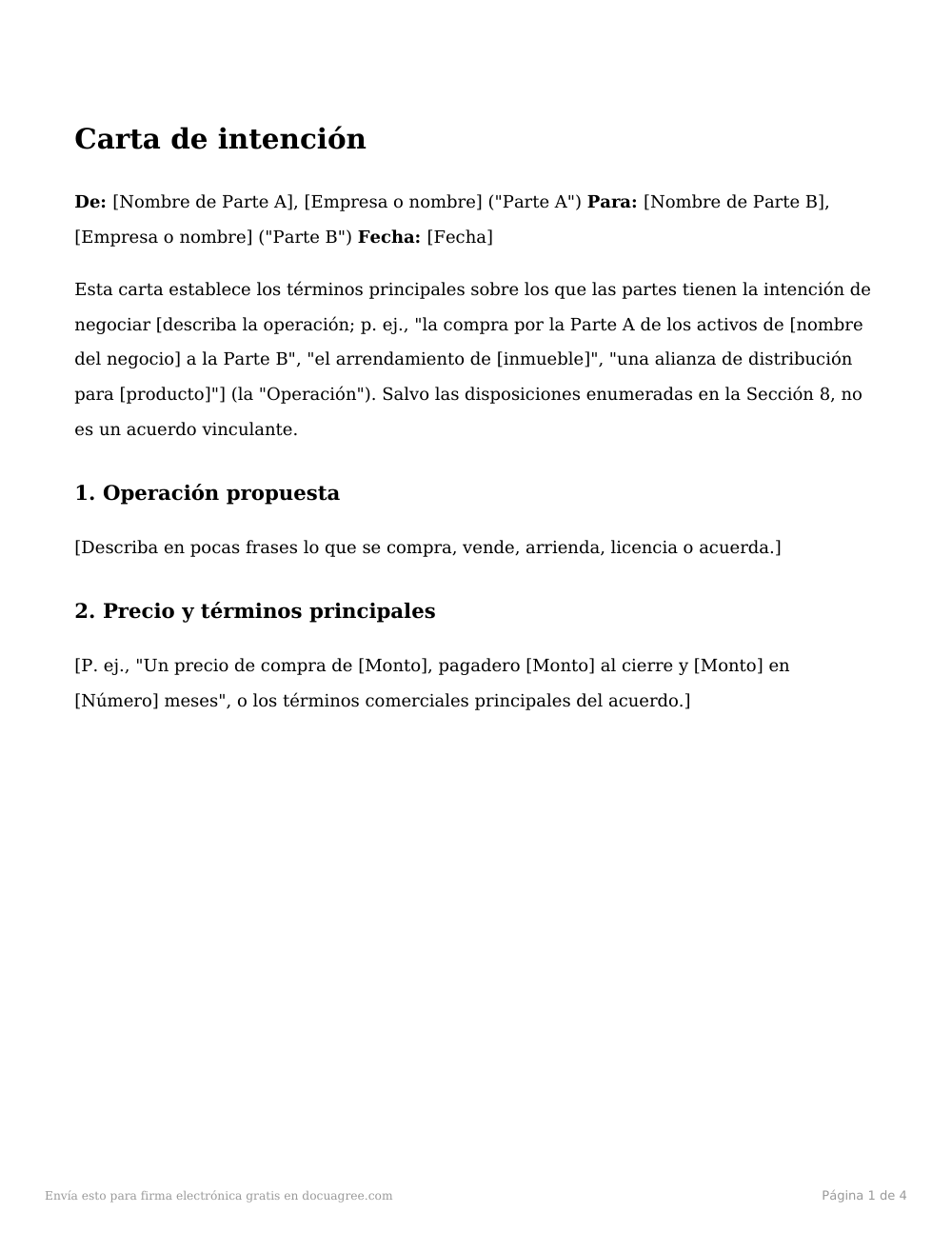 Vista previa de la primera página de la plantilla Carta de intención