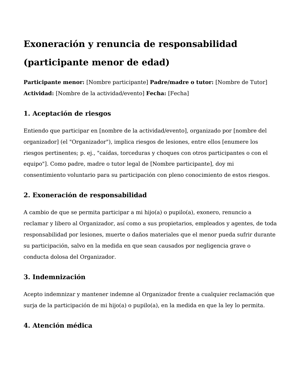 Vista previa de la primera página de la plantilla Exoneración y renuncia de responsabilidad (menor, con tutor)