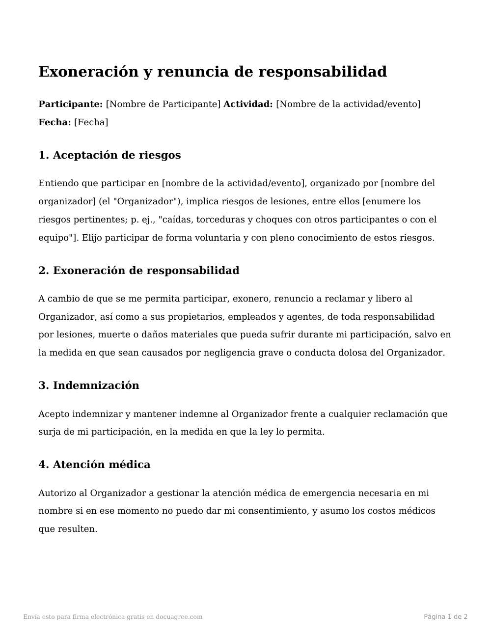Vista previa de la primera página de la plantilla Exoneración y renuncia de responsabilidad (adulto)
