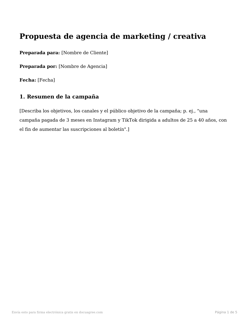 Vista previa de la primera página de la plantilla Propuesta de agencia de marketing / creativa
