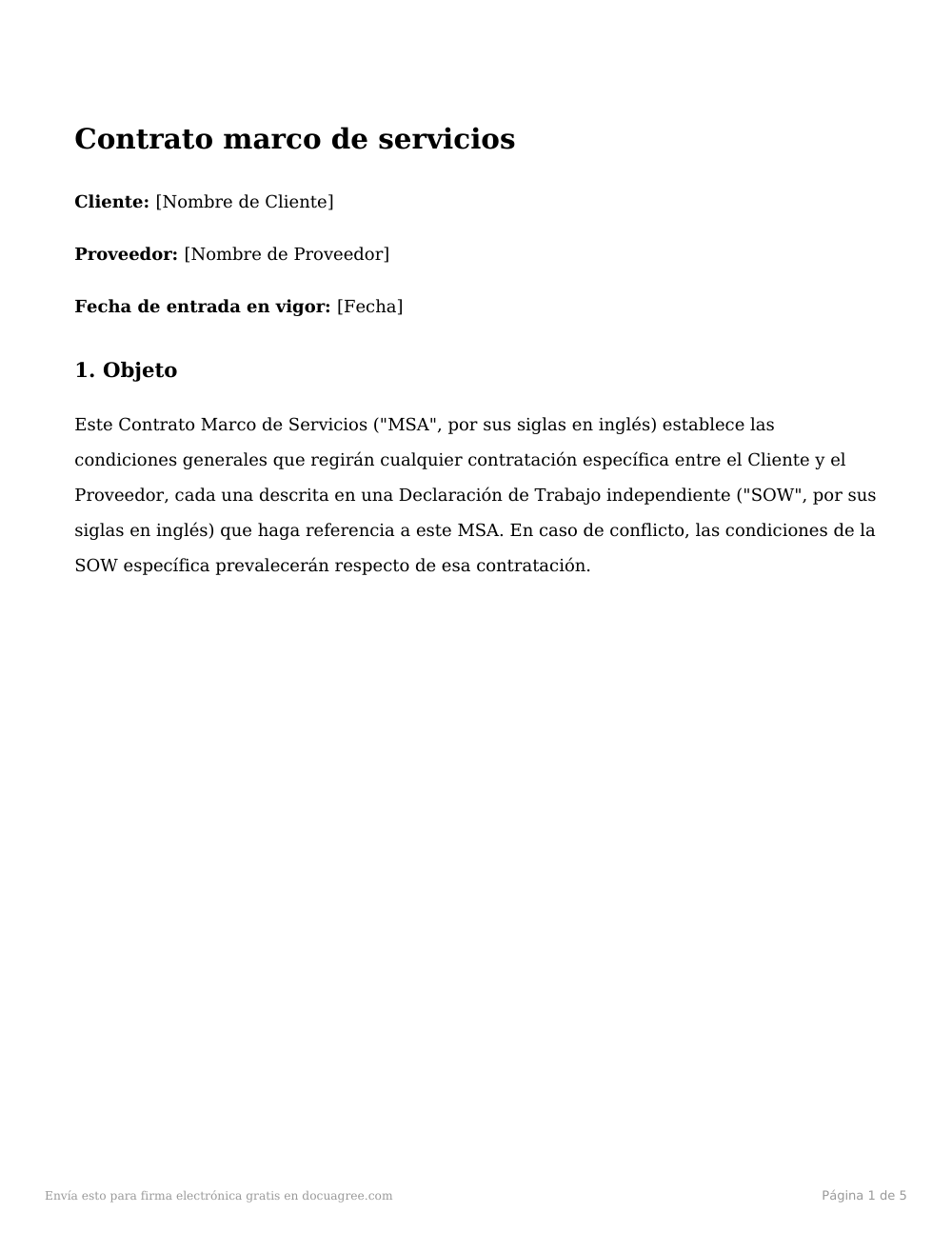 Vista previa de la primera página de la plantilla Contrato marco de servicios (MSA)