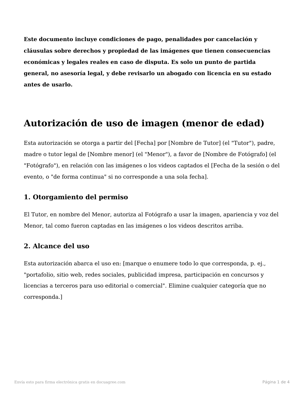 Vista previa de la primera página de la plantilla Autorización de uso de imagen (menor, con tutor)