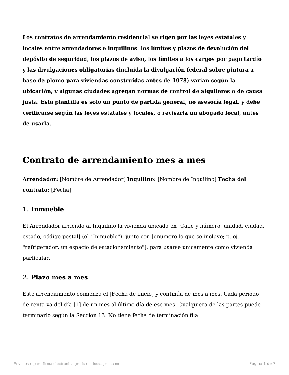 Vista previa de la primera página de la plantilla Contrato de arrendamiento mes a mes