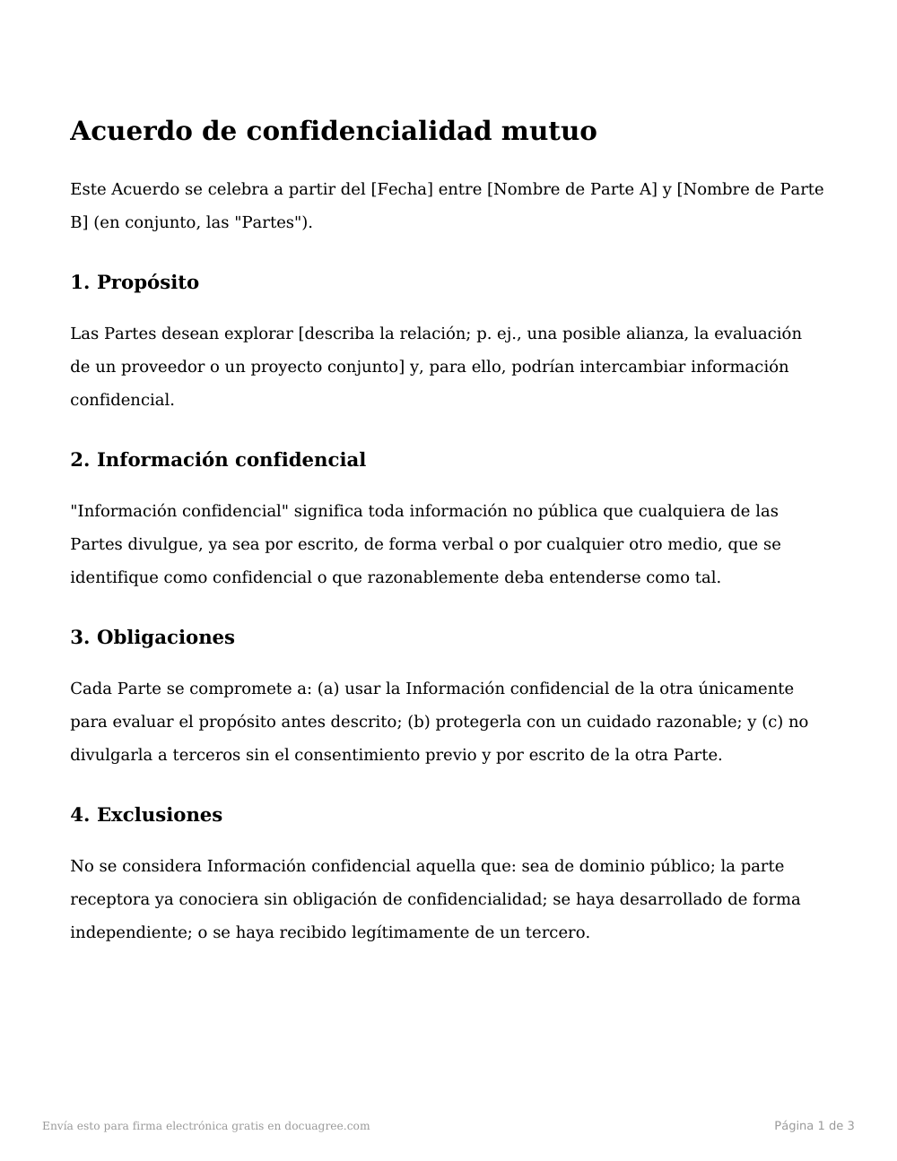 Vista previa de la primera página de la plantilla Acuerdo de confidencialidad mutuo (NDA)