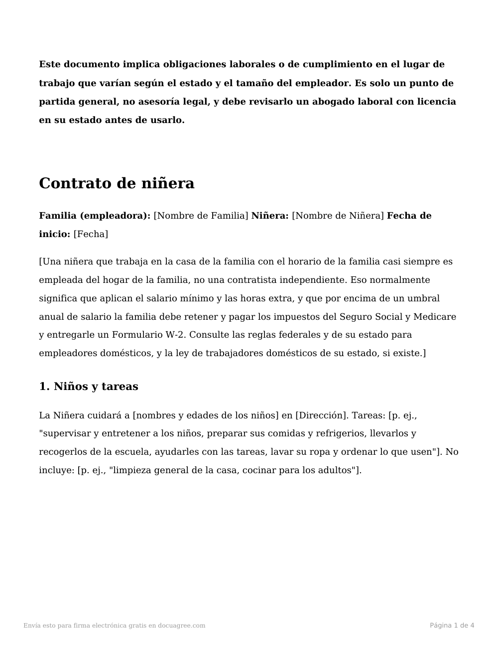 Vista previa de la primera página de la plantilla Contrato de niñera