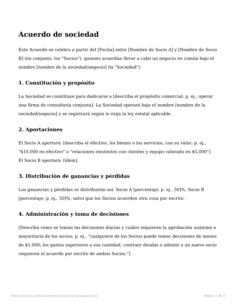 Vista previa de la primera página de la plantilla Acuerdo de sociedad