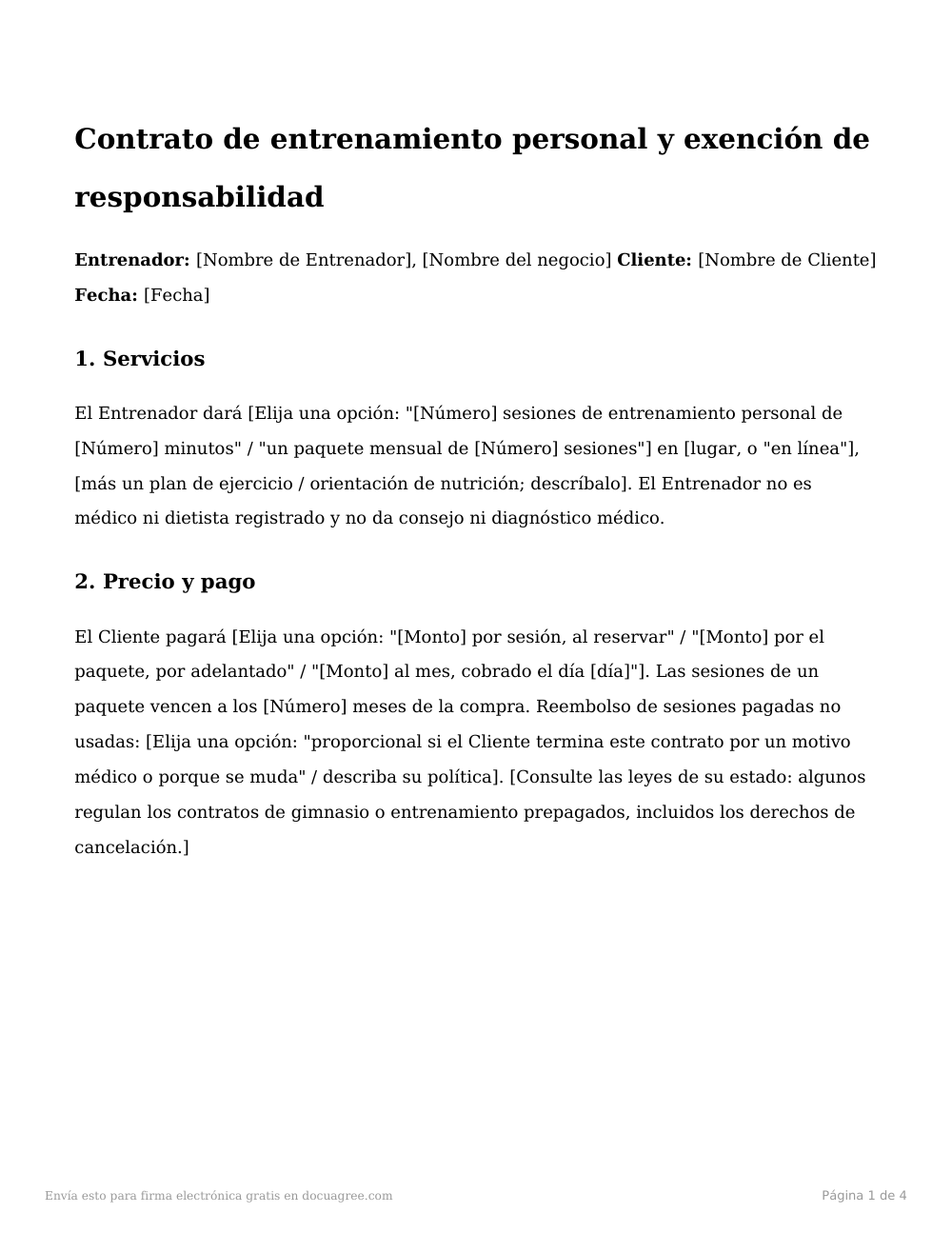 Vista previa de la primera página de la plantilla Contrato de entrenamiento personal y exención de responsabilidad
