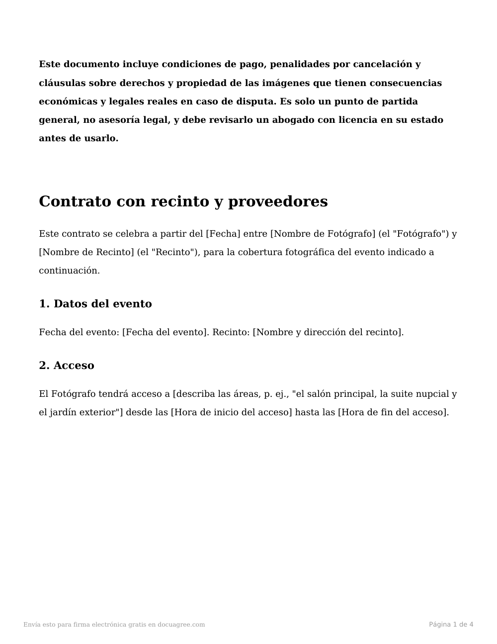 Vista previa de la primera página de la plantilla Contrato con recinto y proveedores