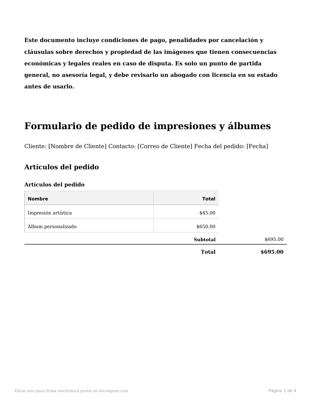 Vista previa de la primera página de la plantilla Formulario de pedido de impresiones y álbumes