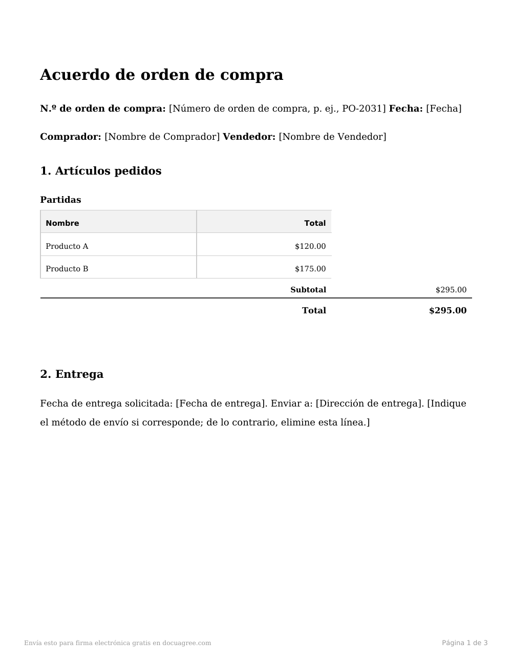Vista previa de la primera página de la plantilla Acuerdo de orden de compra